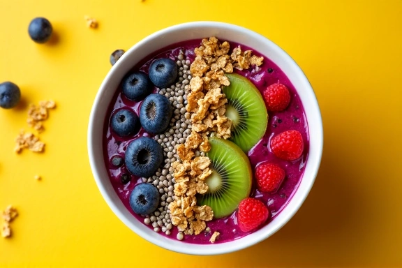 A vibrant smoothie bowl topped with superfoods, nuts, and seeds, representing energy and vitality.
